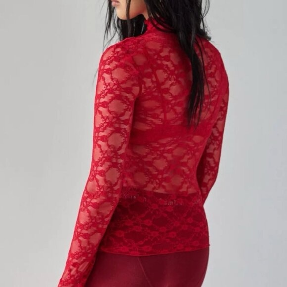 NEW Urban Outfitters Out From Under Luna Sheer Mock Neck Top Cherry Red XS - Picture 4 of 4
